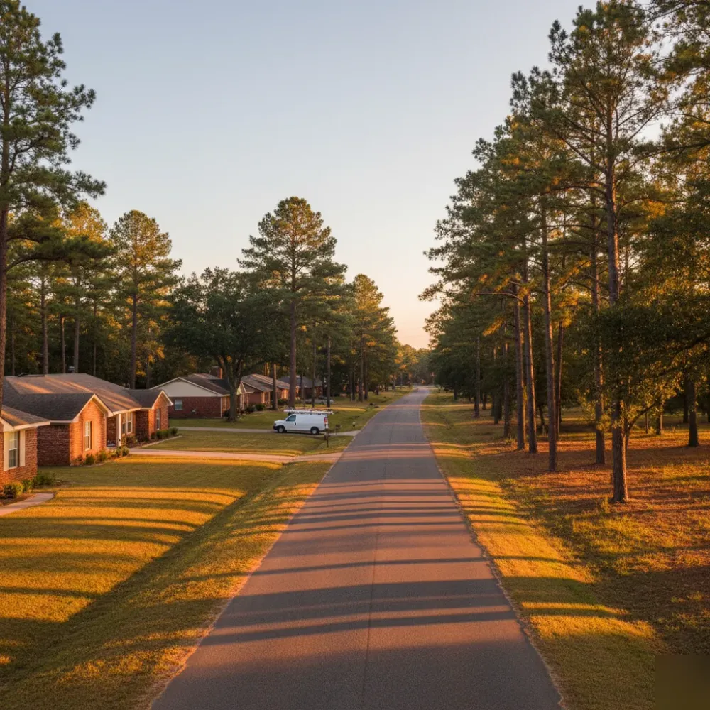 Tree-lined road through the Egypt area of Magnolia, Texas, at golden hour with brick ranch homes and a service van visible.